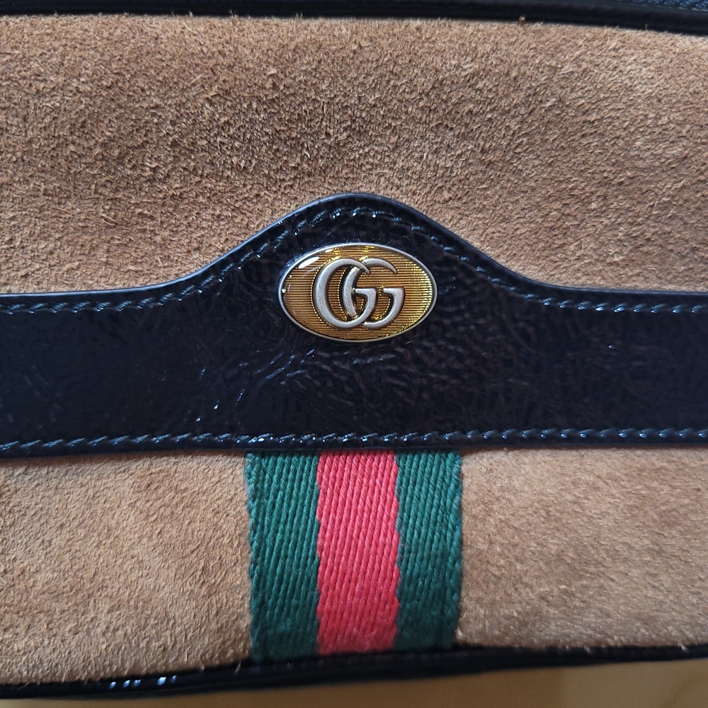 Gucci Brown Suede Sm Ophidia Belt Bag with black patent leather trim Grn/red Str - Picture 3 of 13